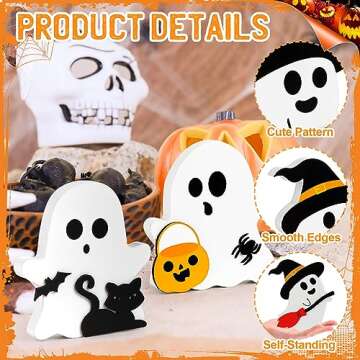 COCHIE Cute Ghost Halloween Decorations Indoor, Wooden Tiered Tray Decor Table Sign Set of 3, Black Cat Bat Witch Broom Signs Pumpkin Blocks for Party Home Shelf Display (A-Ghost)