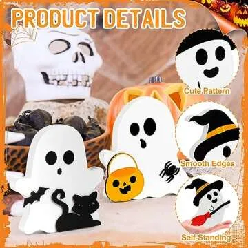 COCHIE Cute Ghost Halloween Decorations Indoor, Wooden Tiered Tray Decor Table Sign Set of 3, Black Cat Bat Witch Broom Signs Pumpkin Blocks for Party Home Shelf Display (A-Ghost)
