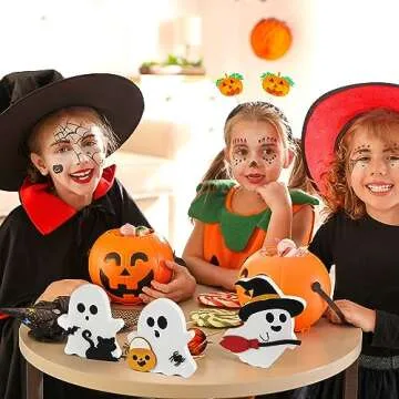 COCHIE Cute Ghost Halloween Decorations Indoor, Wooden Tiered Tray Decor Table Sign Set of 3, Black Cat Bat Witch Broom Signs Pumpkin Blocks for Party Home Shelf Display (A-Ghost)