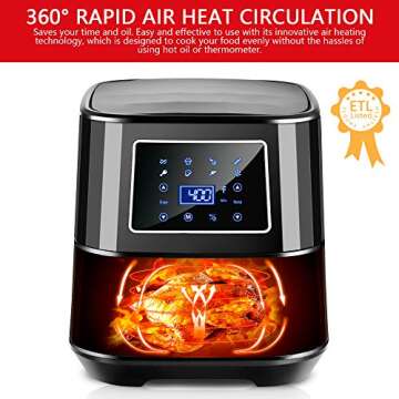 Bear 6QT Digital Air Fryer with LED Digital Touch Screen, Nonstick Removable Basket, 1700w Electric Hot Oven Oilless Cooker for Roasting, Air Fryer Toaster Oven Pro with 7 Preset Functions, BBQ Rack & 5 Skewers, 100Pcs Parchment Paper & Recipes Book,Black