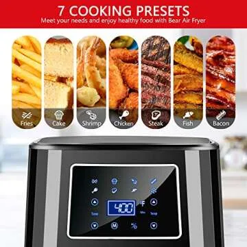 Bear 6QT Digital Air Fryer with LED Digital Touch Screen, Nonstick Removable Basket, 1700w Electric Hot Oven Oilless Cooker for Roasting, Air Fryer Toaster Oven Pro with 7 Preset Functions, BBQ Rack & 5 Skewers, 100Pcs Parchment Paper & Recipes Book,Black