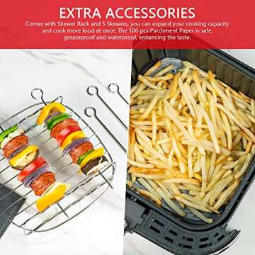 Bear 6QT Digital Air Fryer with LED Digital Touch Screen, Nonstick Removable Basket, 1700w Electric Hot Oven Oilless Cooker for Roasting, Air Fryer Toaster Oven Pro with 7 Preset Functions, BBQ Rack & 5 Skewers, 100Pcs Parchment Paper & Recipes Book,Black