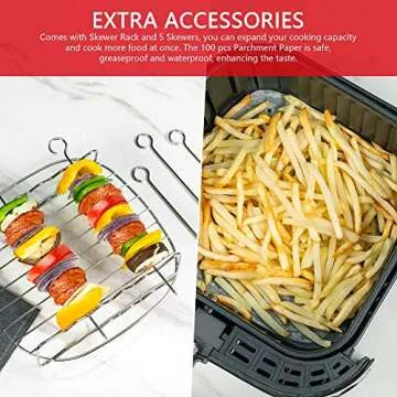 Bear 6QT Digital Air Fryer with LED Digital Touch Screen, Nonstick Removable Basket, 1700w Electric Hot Oven Oilless Cooker for Roasting, Air Fryer Toaster Oven Pro with 7 Preset Functions, BBQ Rack & 5 Skewers, 100Pcs Parchment Paper & Recipes Book,Black