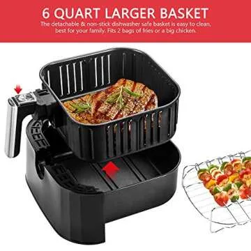 Bear 6QT Digital Air Fryer with LED Digital Touch Screen, Nonstick Removable Basket, 1700w Electric Hot Oven Oilless Cooker for Roasting, Air Fryer Toaster Oven Pro with 7 Preset Functions, BBQ Rack & 5 Skewers, 100Pcs Parchment Paper & Recipes Book,Black