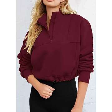 KIRUNDO Womens Fall Fashion 2024 Cropped Sweatshirt Half Zip Pullover Sweatshirts Y2K Crop Workout Tops With Drawstring(Wine Red, X-Large)