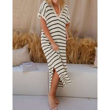 ZESICA Women's Summer Striped Midi Dress 2025 Casual Short Sleeve V Neck Loose Knitted Side Slit Lon...