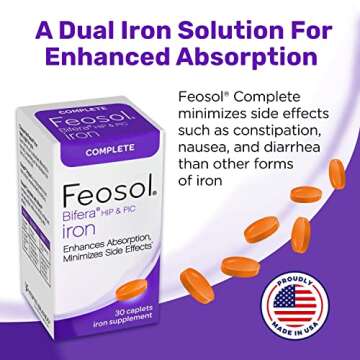 Feosol Complete Iron Supplement Caplets, Bifera Iron for High Absorption, Heme and Non-Heme Dual Action Minimizes Side Effects, 1 Per Day, for Energy and Immune System Support, Made in USA, 30 Count