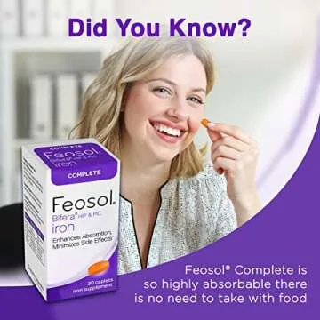 Feosol Complete Iron Supplement Caplets, Bifera Iron for High Absorption, Heme and Non-Heme Dual Action Minimizes Side Effects, 1 Per Day, for Energy and Immune System Support, Made in USA, 30 Count