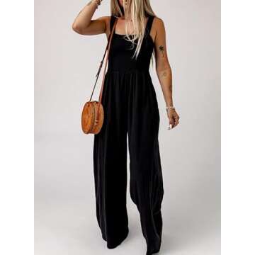 Dokotoo Loose Jumpsuits for Women Overalls Oversized Solid Color Wide Leg One Piece Sleeveless jumpsuit Long Pant Romper with Pockets 2024 Fashion Black Large