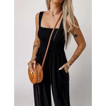 Dokotoo Loose Jumpsuits for Women Overalls Oversized Solid Color Wide Leg One Piece Sleeveless jumpsuit Long Pant Romper with Pockets 2024 Fashion Black Large