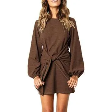 R.Vivimos Women's Autumn Winter Cotton Long Sleeves Elegant Knitted Bodycon Tie Waist Sweater Pencil Dress (Small, Brown)