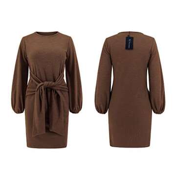 R.Vivimos Women's Autumn Winter Cotton Long Sleeves Elegant Knitted Bodycon Tie Waist Sweater Pencil Dress (Small, Brown)