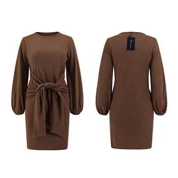 R.Vivimos Women's Autumn Winter Cotton Long Sleeves Elegant Knitted Bodycon Tie Waist Sweater Pencil Dress (Small, Brown)