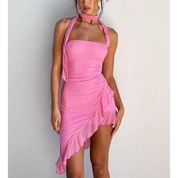 Argeousgor Women Y2k Short Halter Dress V Neck Irregular Ruffle Dress Sleeveless Fringed Mini Dress Sexy Open Back Dresses B-Pink