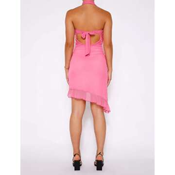 Argeousgor Women Y2k Short Halter Dress V Neck Irregular Ruffle Dress Sleeveless Fringed Mini Dress Sexy Open Back Dresses B-Pink
