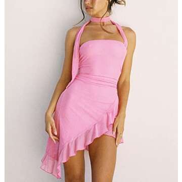 Argeousgor Women Y2k Short Halter Dress V Neck Irregular Ruffle Dress Sleeveless Fringed Mini Dress Sexy Open Back Dresses B-Pink