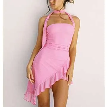 Argeousgor Women Y2k Short Halter Dress V Neck Irregular Ruffle Dress Sleeveless Fringed Mini Dress Sexy Open Back Dresses B-Pink