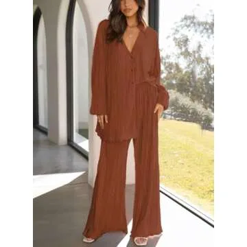 ONIRIKE Womens Loungewear Set 2 Piece Sweatsuits Outfits Casual Pleated Long Sleeve Button Down Shir...