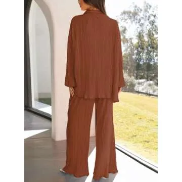 ONIRIKE Womens Loungewear Set 2 Piece Sweatsuits Outfits Casual Pleated Long Sleeve Button Down Shirt and Palazzo Pants Chocolate L