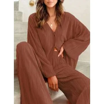 ONIRIKE Womens Loungewear Set 2 Piece Sweatsuits Outfits Casual Pleated Long Sleeve Button Down Shirt and Palazzo Pants Chocolate L