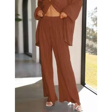 ONIRIKE Womens Loungewear Set 2 Piece Sweatsuits Outfits Casual Pleated Long Sleeve Button Down Shirt and Palazzo Pants Chocolate L
