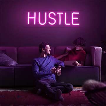 Hustle Neon Sign for Wall Decor - Large LED Neon Light Sign 19.7x5 Inch, Cool Home Gym Signs USB Powered for Office, Man Cave, Gaming Room Art Decor (Pink)