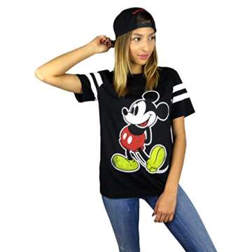 Disney Womens Mickey Mouse Varsity Football Tee (Black, Small)
