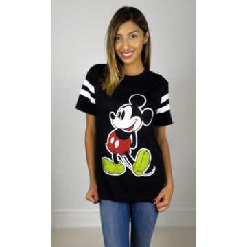 Disney Womens Mickey Mouse Varsity Football Tee (Black, Small)