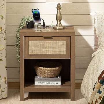SICOTAS Rattan Nightstand Set of 2, Farmhouse Night Stands with Charging Station Bedside Table with ...