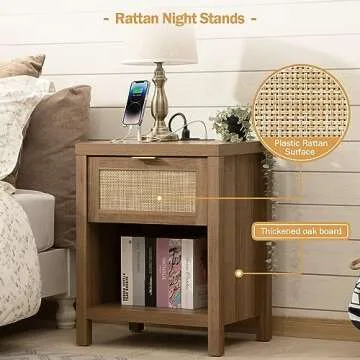 SICOTAS Rattan Nightstand Set of 2, Farmhouse Night Stands with Charging Station Bedside Table with Drawer, Boho End Table with USB and Type-C Ports for Bedroom Small Space