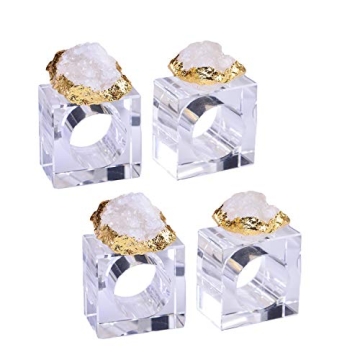 AMOYSTONE Square White Quartz Napkin Rings | Set of 4 Crystal Holders