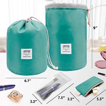 Cosmetic Bags Travel Barrel Cases Kit Organizer Storage Carry Case Toiletry cosmetic bag,Women Girls Travel Cosmetic Bags Makeup Pouch Make up Bag With Extra Small Pouch+Clear PVC Brush Bag (Green)
