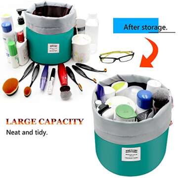 Cosmetic Bags Travel Barrel Cases Kit Organizer Storage Carry Case Toiletry cosmetic bag,Women Girls Travel Cosmetic Bags Makeup Pouch Make up Bag With Extra Small Pouch+Clear PVC Brush Bag (Green)