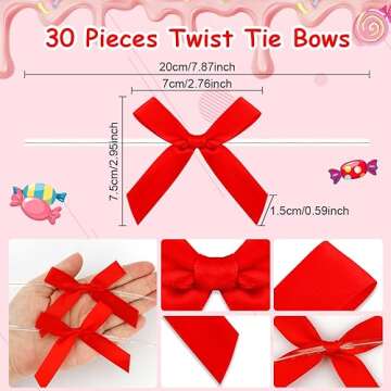 Red Twist Tie Bow 30 Pcs Mini Red Bows for Gift Wrapping Valentine Small Satin Ribbon Bows for Crafts Twist Tie Bows for Treat Bags DIY Cake Pop Bows Christmas Candy Gift Bag Bowknot Premade Tiny Bow