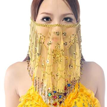 Wuchieal Women's Belly Dance Tribal Face Veil With Halloween Costume Accessory (Yellow)