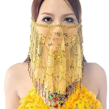 Wuchieal Women's Belly Dance Tribal Face Veil With Halloween Costume Accessory (Yellow)