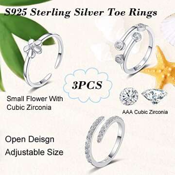 KOHOTA 3PCS 925 Sterling Silver Toe Rings for Women Adjustable Open Toe Rings Set CZ Flower Heart Butterlfly Knot Band Tail Ring Beach Foot Jewelry