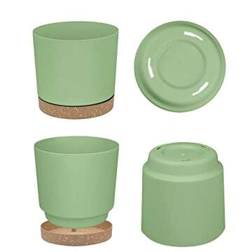 ZMTECH Plant Pots, Set of 6 6.5'' Self Watering Plastic Planter with Drainage Hole and Saucer,Modern Decorative Flower Pot for Indoor Outdoor House Plants, Succulents, Flowers - Green