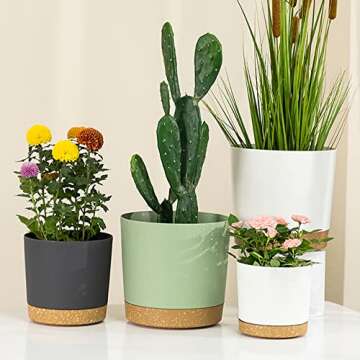 ZMTECH Plant Pots, Set of 6 6.5'' Self Watering Plastic Planter with Drainage Hole and Saucer,Modern Decorative Flower Pot for Indoor Outdoor House Plants, Succulents, Flowers - Green
