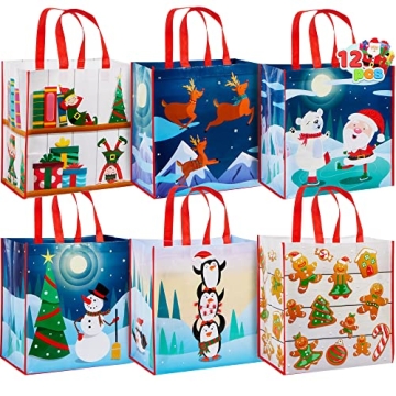 JOYIN 12 PCS 13.75" x 14" Christmas Large Tote Bags Holiday Reusable Grocery Bags for Classroom Part...