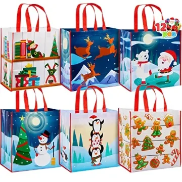 JOYIN 12 PCS 13.75" x 14" Christmas Large Tote Bags Holiday Reusable Grocery Bags for Classroom Part...