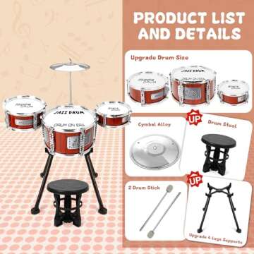 Kids Drum Set Music Toy Drum Set for Toddlers Ages 3-5 Jazz Drum Kit with Stool, 3 Drums Percussion Musical Instruments Toys for 3 4 5 Year Old Boys Girls Gifts