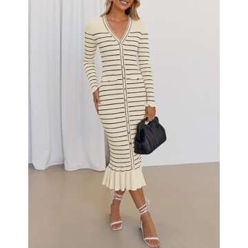 ZESICA Women's Striped Sweater Dress 2025 Spring Long Sleeve V Neck Button Elegant Slim Fit Bodycon Knit Dresses,Apricot,Medium
