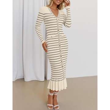 ZESICA Women's Striped Sweater Dress 2025 Spring Long Sleeve V Neck Button Elegant Slim Fit Bodycon Knit Dresses,Apricot,Medium