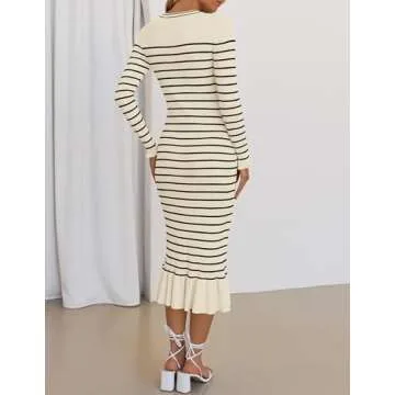 ZESICA Women's Striped Sweater Dress 2025 Spring Long Sleeve V Neck Button Elegant Slim Fit Bodycon Knit Dresses,Apricot,Medium