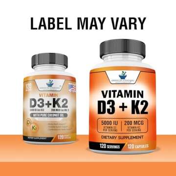 American Standard Supplements Vitamin D3 5000 IU (125mcg) Plus Vitamin K2 (MK7) 200mcg Per Capsule -...