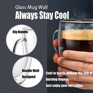 PunPun Large Coffee Cup Set of 1, Glass Mug for Hot Beverages & Iced Coffee, Double Wall Glass Coffee Mug,17 oz 500ml