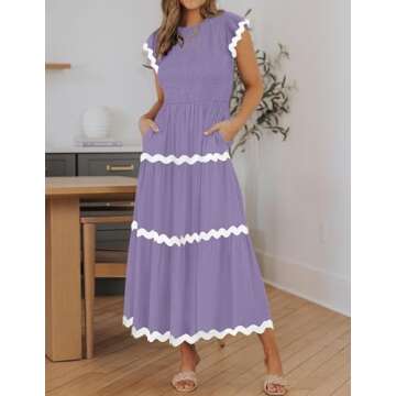 ZESICA Women's Summer Flutter Short Sleeve Smocked Midi Dress Casual High Waist Rickrack Tiered Flow...