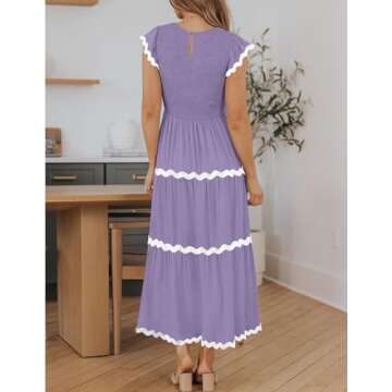 ZESICA Women's Summer Flutter Short Sleeve Smocked Midi Dress Casual High Waist Rickrack Tiered Flowy Dresses,Purple,Medium