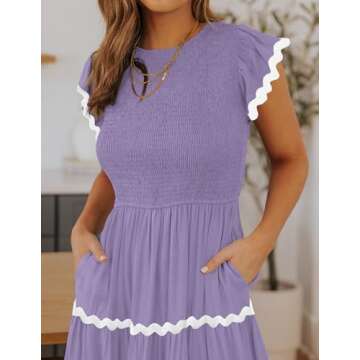 ZESICA Women's Summer Flutter Short Sleeve Smocked Midi Dress Casual High Waist Rickrack Tiered Flowy Dresses,Purple,Medium